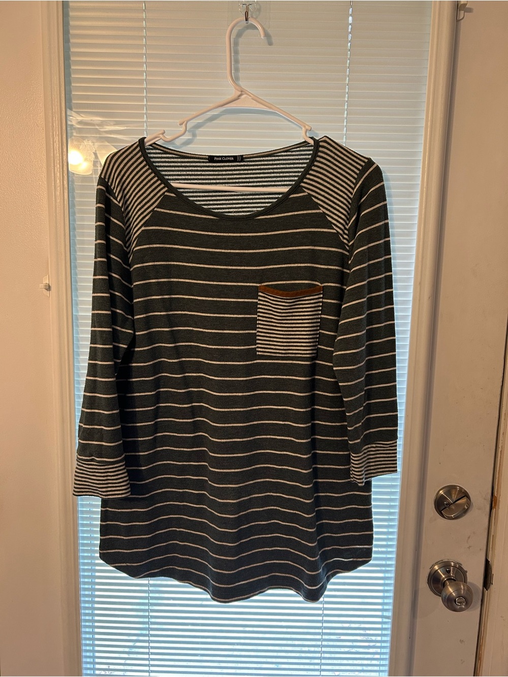 Pink Clover Green and White Striped Long Sleeve Pocket Top